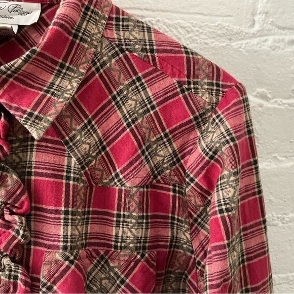 Tasha Polizzi Top Womens Embroidered Long Sleeve Ruffle Shirt L Red Plaid Cotton - Picture 3 of 15
